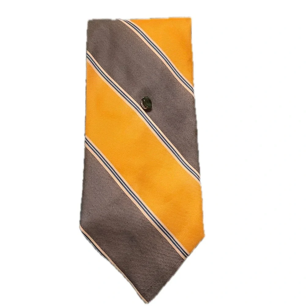 Vintage 70s De Carlo Striped Necktie Yellow Grey White Diagonal Silk Blend Tie